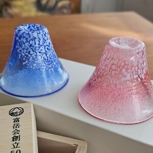 New Handblown Japanese Mt. Fuji Sake Glasses Blue Pink Celebration